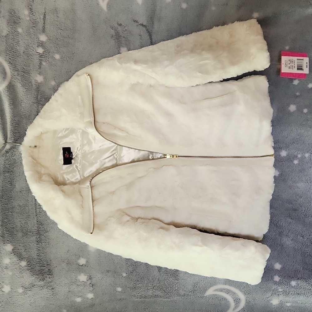 IZ Girl Faux Fur White Zip-up Jacket Medium  10/12  New